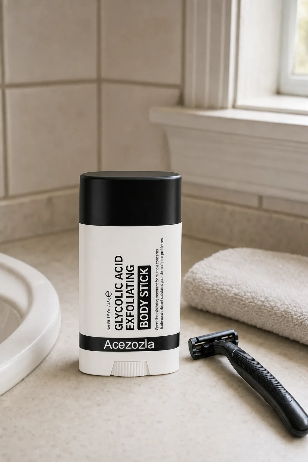 Stabilize Labs Glycolic Acid Exfoliating Body Stick on a bathroom counter beside a black razor